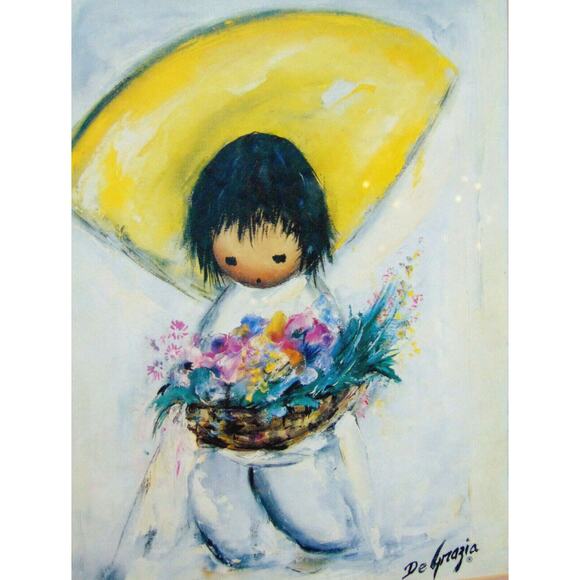 VTG Ted DeGrazia FRAMED Indian FLOWER BOY GIRL ART PRINT Yellow Hat 14x17" EUC - Picture 2 of 5